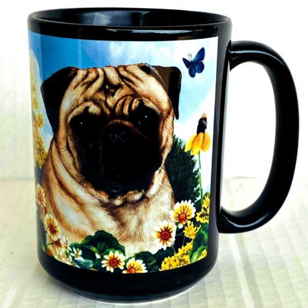 PUG Dog Coffee Mug Cup Ceramic Black Butterflies
